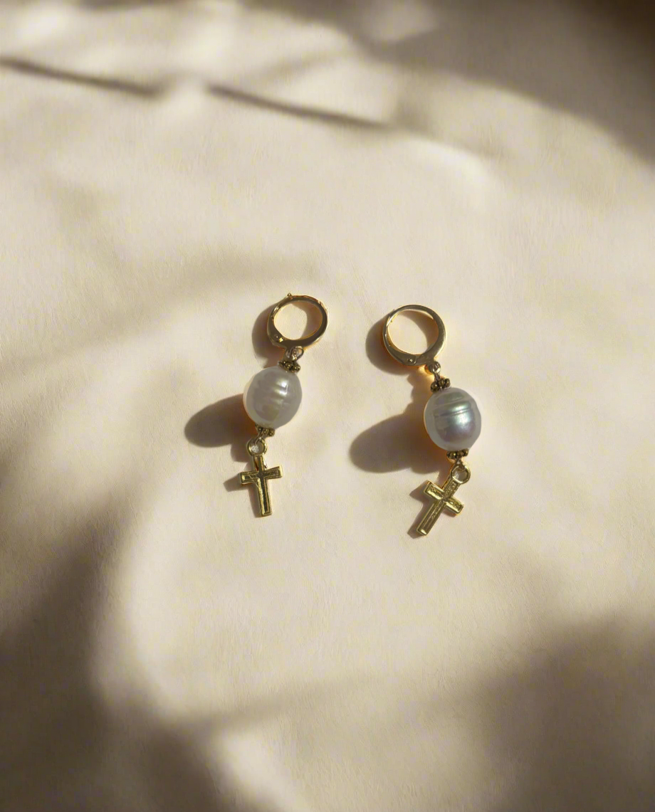 Pearl cross earrings