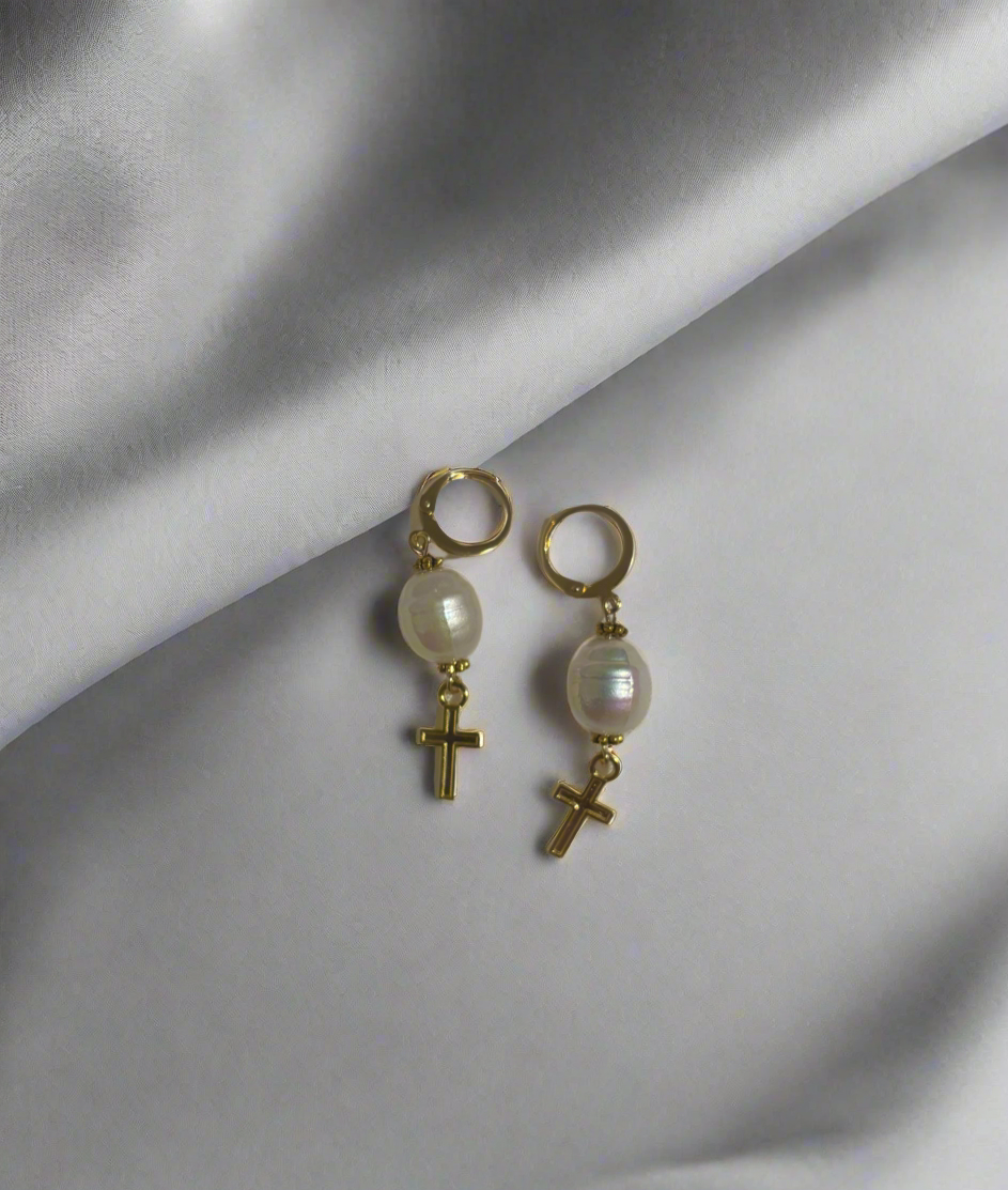 Pearl cross earrings