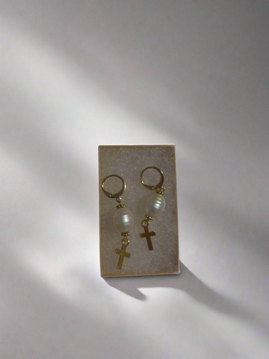 Pearl cross earrings