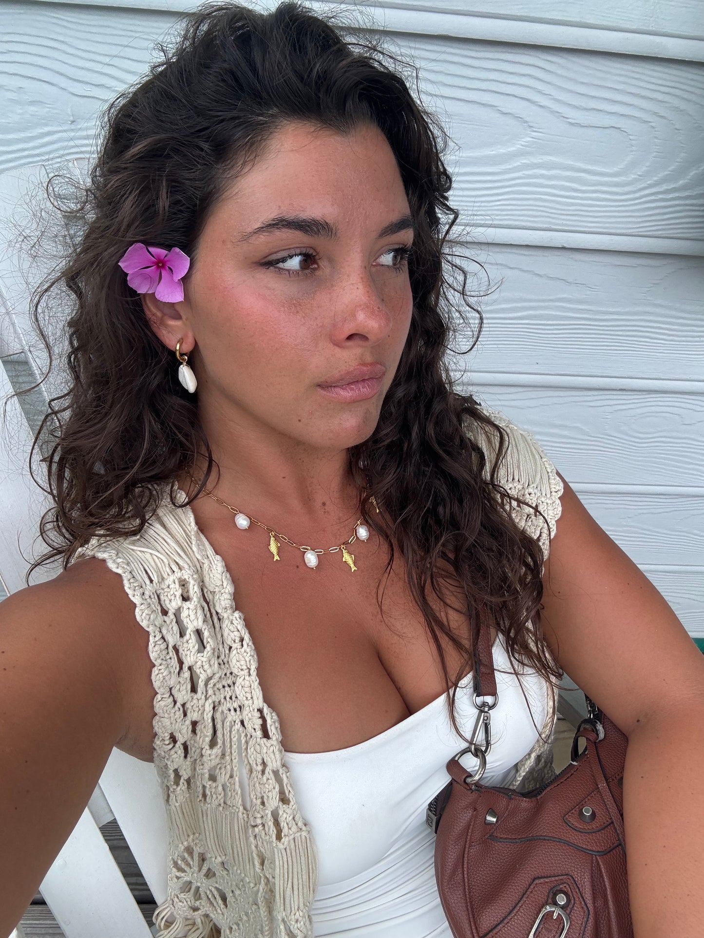 pearl & fish charm necklace